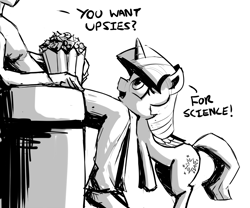 Size: 1462x1216 | Tagged: safe, artist:artguydis, twilight sparkle, twilight sparkle (alicorn), alicorn, human, pony, bipedal, cute, female, food, for science, grayscale, leaning, mare, meme, monochrome, nose wrinkle, open mouth, popcorn, science, simple background, smiling, twiabetes, upsies, white background