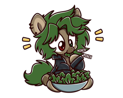 Size: 2560x2048 | Tagged: source needed, useless source url, safe, artist:sugar morning, oc, oc only, oc:ame, earth pony, pony, chibi, clothes, cute, ear piercing, earring, eating, female, food, herbivore, heterochromia, horses doing horse things, jewelry, lettuce, onomatopoeia, piercing, salad, shirt, simple background, sitting, solo, text, transparent background