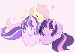 Size: 1273x913 | Tagged: safe, artist:serafelis, derpibooru import, fluttershy, starlight glimmer, twilight sparkle, twilight sparkle (alicorn), alicorn, pegasus, pony, unicorn, cuddling, cute, eyes closed, female, heart, looking at each other, mare, no pupils, open mouth, open smile, pink background, prone, shyabetes, simple background, smiling, sweat, sweatdrop, trio