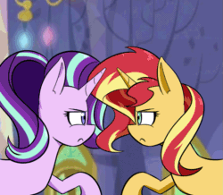 Size: 751x655 | Tagged: safe, artist:jase1505, starlight glimmer, sunset shimmer, pony, unicorn, series:sunlight horizons, animated, boop, comic, cropped, cute, female, funny, funny as hell, gif, glimmerbetes, hilarious in hindsight, mare, scrunchy face, shimmerbetes
