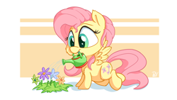 Size: 3840x2160 | Tagged: safe, artist:pirill, derpibooru import, fluttershy, pegasus, pony, chibi, cute, flower, fluttershy day, looking at something, looking down, shyabetes, simple background, solo, spread wings, watering, watering can, wings