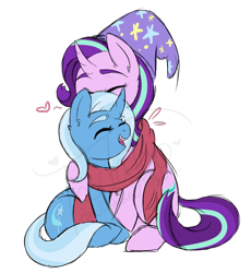 Size: 840x912 | Tagged: safe, artist:toods, starlight glimmer, trixie, pony, unicorn, accessory swap, clothes, commission, couple, cute, diatrixes, eyes closed, female, fluffy, glimmerbetes, happy, hat, heart, hug, lesbian, open mouth, scarf, shared clothing, shared scarf, shipping, simple background, sitting, size difference, smiling, startrix, transparent background, trixie's hat, watermark