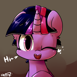 Size: 1750x1750 | Tagged: safe, artist:bloodatius, twilight sparkle, pony, alternate hairstyle, cute, dialogue, female, hair bun, heart, looking at you, mare, one eye closed, smiling, solo, twiabetes, wink