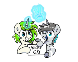 Size: 2560x2048 | Tagged: safe, artist:sugar morning, oc, oc only, oc:c1t0-b0r, oc:vinyl mix, pony, robot, robot pony, unicorn, bust, citomix, couple, female, jewelry, lesbian, looking at you, magic, magic aura, mare, necklace, oc x oc, portrait, shipping, sign, simple background, smiling, text, transparent background