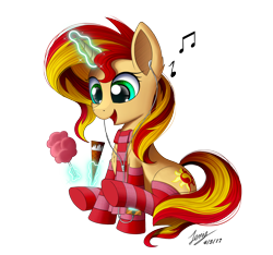 Size: 3000x2813 | Tagged: safe, artist:duskie-06, sunset shimmer, pony, unicorn, clothes, cotton candy, cute, earbuds, female, food, glowing horn, happy, ice cream, magic, mare, music notes, open mouth, shimmerbetes, simple background, sitting, socks, solo, stockings, striped socks, telekinesis, thigh highs, transparent background