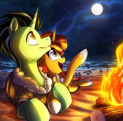 Size: 2507x2480 | Tagged: safe, artist:light262, oc, oc only, pony, unicorn, beach, campfire, clothes, commission, female, fire, full moon, looking up, male, mare, moon, night, oc x oc, shipping, silhouette, smiling, stallion, starry night, straight