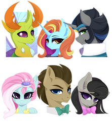 Size: 4950x5607 | Tagged: safe, artist:xsatanielx, derpibooru import, doctor whooves, kerfuffle, king sombra, octavia melody, sassy saddles, thorax, changedling, changeling, earth pony, pegasus, pony, unicorn, rainbow roadtrip, bowtie, bust, female, good king sombra, king thorax, male, mare, rcf community, simple background, six fanarts, stallion, white background