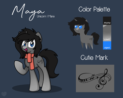 Size: 2560x2048 | Tagged: safe, alternate version, artist:sugar morning, oc, oc only, oc:maya madrigal, pony, unicorn, clothes, commission, cutie mark, female, mare, pointy ponies, reference sheet, scarf, simple background, solo