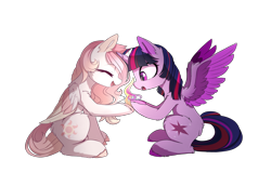 Size: 2844x1956 | Tagged: safe, artist:magnaluna, princess celestia, twilight sparkle, twilight sparkle (alicorn), alicorn, pony, alternate color palette, colored wings, colored wingtips, cute, cutelestia, duo, eyes closed, female, fluffy, magic, mare, open mouth, simple background, sitting, smiling, spread wings, transparent background, twiabetes, wings