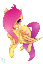 Size: 800x1197 | Tagged: safe, artist:jayfrost71, derpibooru import, fluttershy, pegasus, pony, hair over one eye, head turn, looking at you, simple background, solo, spread wings, transparent background, wings, younger