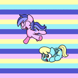Size: 1200x1200 | Tagged: safe, artist:sugar morning, derpibooru import, sassaflash, sea swirl, seafoam, pegasus, pony, unicorn, animated, background pony, commission, cute, duo, female, jumping, leapfrog, leaping, mare, simple background, smiling, sugar morning's jumping ponies, ych result