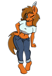 Size: 2048x3000 | Tagged: safe, alternate version, artist:sugar morning, oc, oc only, oc:cassette, oc:mixtape, anthro, earth pony, unguligrade anthro, clothes, commission, feather, female, jeans, looking at you, mare, midriff, one eye closed, pants, pose, rule 63, simple background, smiling, smiling at you, solo, tanktop, transparent background, wink, winking at you