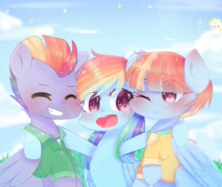 Size: 1862x1574 | Tagged: safe, artist:windymils, derpibooru import, bow hothoof, rainbow dash, surprise, windy whistles, pegasus, pony, parental glideance, bowabetes, cute, dashabetes, eyes closed, family, female, grin, male, mare, one eye closed, open mouth, rainbow dash's parents, smiling, stallion, trio, weapons-grade cute, windybetes, windyhoof