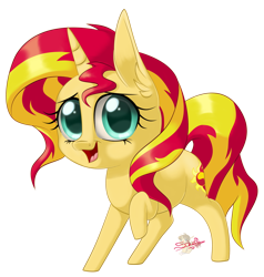 Size: 760x800 | Tagged: safe, artist:unisoleil, sunset shimmer, pony, unicorn, chibi, cute, female, looking at you, mare, open mouth, raised hoof, shimmerbetes, simple background, solo, transparent background