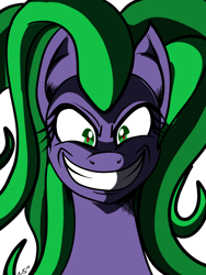 Size: 900x1200 | Tagged: safe, artist:novaspark, mane-iac, earth pony, pony, bust, female, green eyes, green hair, green mane, looking at you, mare, purple coat, simple background, smiling, solo, transparent background