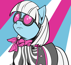 Size: 1200x1100 | Tagged: safe, artist:novaspark, photo finish, earth pony, pony, blue coat, clothes, female, goggles, mare, multicolored background, neckerchief, solo, white mane, white tail