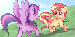 Size: 2000x1000 | Tagged: safe, artist:haden-2375, sunset shimmer, twilight sparkle, twilight sparkle (alicorn), alicorn, pony, unicorn, cute, eyes closed, female, grass, lesbian, mare, plot, shimmerbetes, shipping, smiling, spread wings, sunsetsparkle, twiabetes, twibutt, wings