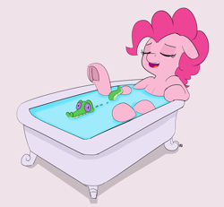 Size: 1280x1185 | Tagged: safe, artist:pabbley, derpibooru import, gummy, pinkie pie, earth pony, pony, 30 minute art challenge, bath, bathtub, eyes closed, floppy ears, frog (hoof), hoofbutt, open mouth, simple background, underhoof