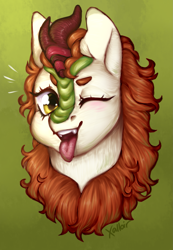 Size: 1565x2264 | Tagged: safe, artist:xalloir, derpibooru import, autumn blaze, kirin, one eye closed, open mouth, solo, tongue out, wink