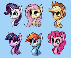 Size: 1033x852 | Tagged: safe, artist:setharu, derpibooru import, applejack, fluttershy, pinkie pie, rainbow dash, rarity, twilight sparkle, twilight sparkle (alicorn), alicorn, earth pony, pegasus, pony, unicorn, applejack's hat, bust, chest fluff, cowboy hat, cute, female, hat, horn, looking away, mare, portrait, wings