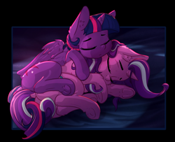 Size: 2062x1674 | Tagged: safe, artist:alcor, artist:vest, starlight glimmer, twilight sparkle, twilight sparkle (alicorn), alicorn, pony, unicorn, cuddling, cute, female, glimmerbetes, intertwined tails, lesbian, mare, shipping, sleeping, snuggling, tail, twiabetes, twistarlight, underhoof