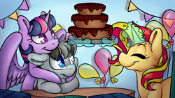 Size: 6910x3886 | Tagged: safe, artist:cutepencilcase, sunset shimmer, twilight sparkle, twilight sparkle (alicorn), oc, oc:light blade, alicorn, pegasus, pony, unicorn, absurd resolution, balloon, birthday, birthday cake, cake, cute, eyes closed, female, floppy ears, food, glowing horn, heterochromia, horn, hug, huggle, magic, male, mare, shimmerbetes, smiling, stallion, telekinesis, twiabetes