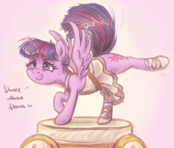 Size: 2300x1960 | Tagged: safe, artist:plotcore, twilight sparkle, twilight sparkle (alicorn), alicorn, pony, a royal problem, ballerina, butt shake, clothes, colored, dialogue, do the sparkle, female, grin, mare, plot, simple background, smiling, solo, spread wings, tutu, twilarina, wings