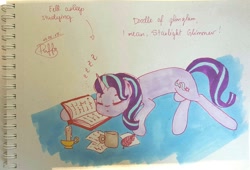 Size: 1280x870 | Tagged: safe, artist:puffysmosh, starlight glimmer, pony, unicorn, book, sleeping, solo, traditional art, watercolor painting, zzz