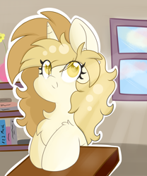 Size: 5000x6000 | Tagged: safe, artist:meowmavi, oc, oc only, oc:mavis, pony, unicorn, absurd resolution, chest fluff, colored pupils, desk, female, heart eyes, leg fluff, mare, school, sitting, smiling, solo, wingding eyes