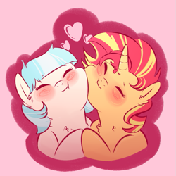 Size: 851x850 | Tagged: safe, artist:soft-arthropod, coco pommel, sunset shimmer, earth pony, pony, unicorn, equestria girls, blushing, cheek squish, cocobetes, cocoshimmer, crack shipping, cute, female, heart, lesbian, shimmerbetes, shipping, simple background, squishy cheeks