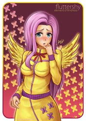 Size: 550x778 | Tagged: safe, artist:jatearica, derpibooru import, fluttershy, human, blushing, breasts, clothes, female, hootershy, humanized, solo, tracksuit, winged humanization, wings