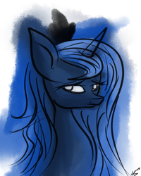 Size: 800x1000 | Tagged: safe, artist:novaspark, princess luna, alicorn, pony, crown, female, horn, looking at you, mare, signature, simple background, solo