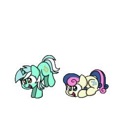 Size: 1200x1200 | Tagged: safe, artist:sugar morning, part of a set, bon bon, lyra heartstrings, sweetie drops, earth pony, pony, unicorn, animated, cute, duo, female, happy, jumping, leaping, loop, mare, simple background, sugar morning's jumping ponies, transparent background