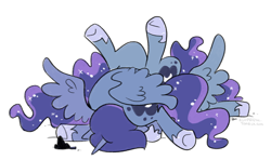 Size: 1106x655 | Tagged: safe, artist:egophiliac, princess luna, alicorn, pony, faceplant, majestic as fuck, pony pile, self ponidox, simple background, white background