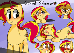 Size: 1400x1000 | Tagged: safe, artist:zouyugi, sunset shimmer, pony, unicorn, blushing, crying, cute, drool, expressions, female, floppy ears, frown, grin, majestic as fuck, mare, nervous, open mouth, prone, shimmerbetes, sleeping, smiling, solo, sweat, wide eyes