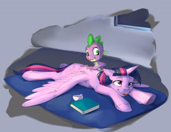 Size: 3300x2550 | Tagged: safe, artist:silfoe, spike, twilight sparkle, twilight sparkle (alicorn), alicorn, dragon, pony, back scratching, cute, duo, female, food, mare, massage, prone, relaxing, royal sketchbook, silly face, smiling, sploot, spread wings, tea, tongue out, twiabetes, wings