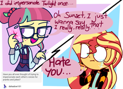 Size: 1378x999 | Tagged: safe, artist:psychodiamondstar, sour sweet, sunset shimmer, equestria girls, cellphone, crying, disguise, female, impersonating, implied lesbian, implied sci-twi, implied twilight sparkle, joke, phone, prank, sad, story included, telephone