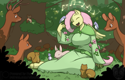 Size: 1200x766 | Tagged: safe, artist:ethanqix, derpibooru import, fluttershy, anthro, bird, deer, owl, rabbit, squirrel, animal, big breasts, breasts, clothes, female, forest, hoof feet, hootershy, mare, singing, smiling