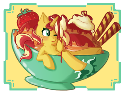 Size: 1258x956 | Tagged: safe, artist:artomicmuffin, sunset shimmer, pony, unicorn, equestria girls, commission, cute, female, food, foodplay, ice cream, mare, micro, ponies in food, solo, strawberry, sunset shimmer dressing up as food, ych example, ych result, your character here