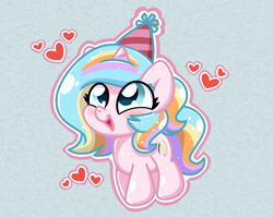 Size: 2560x2048 | Tagged: safe, artist:sugar morning, oc, oc only, oc:oofy colorful, pony, unicorn, birthday, chibi, cute, happy, happy birthday, hat, heart, ocbetes, party hat, simple background, standing