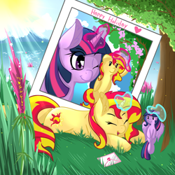 Size: 3000x3000 | Tagged: safe, artist:saralien, sunset shimmer, twilight sparkle, twilight sparkle (alicorn), alicorn, pony, unicorn, best wishes, cute, duo, female, flower, grass, holiday, lake, lesbian, levitation, magic, one eye closed, photo, picture, plushie, shimmerbetes, shipping, sun, sunsetsparkle, telekinesis, toy, tree, twiabetes