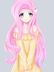 Size: 1480x1973 | Tagged: safe, artist:keoky23, derpibooru import, fluttershy, human, anime, clothes, humanized, looking at you, off shoulder, simple background, solo, sweater, sweatershy