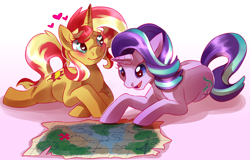 Size: 1564x1000 | Tagged: safe, artist:candychameleon, starlight glimmer, sunset shimmer, pony, unicorn, blushing, cute, female, glimmerbetes, heart, heart eyes, lesbian, map, mare, prone, shimmerbetes, shimmerglimmer, shipping, wingding eyes