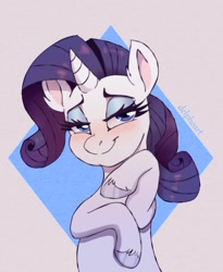 Size: 1296x1578 | Tagged: safe, artist:delphoart, derpibooru import, rarity, pony, unicorn, abstract background, blushing, bust, cute, ear fluff, female, mare, raribetes, smiling, solo, unshorn fetlocks