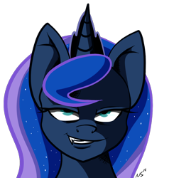 Size: 1000x1050 | Tagged: safe, artist:novaspark, princess luna, alicorn, pony, death note, just as planned, portrait, simple background, smirk, solo