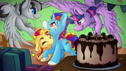 Size: 7680x4320 | Tagged: safe, artist:cutepencilcase, sunset shimmer, twilight sparkle, twilight sparkle (alicorn), oc, oc:light blade, oc:solar comet, alicorn, pegasus, pony, unicorn, absurd resolution, birthday, cake, crying, cute, eyes closed, female, floppy ears, food, happy, jewelry, male, mare, mouth hold, nuzzling, pendant, present, shimmerbetes, spread wings, stallion, tears of joy, twiabetes, wings