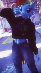 Size: 2160x3840 | Tagged: safe, artist:dashie116, derpibooru import, rainbow dash, anthro, 3d, abs, belly button, cinema 4d, clothes, explicit source, female, hoodie, jeans, looking at you, mare, midriff, pants, peace sign, smiling, solo, street