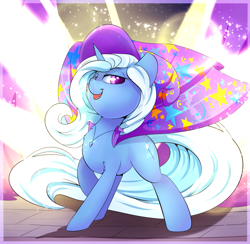 Size: 1397x1362 | Tagged: safe, artist:madacon, trixie, pony, unicorn, atg 2017, cape, clothes, color porn, female, hat, jewelry, looking at you, mare, necklace, newbie artist training grounds, smiling, solo, stage, trixie's cape, trixie's hat