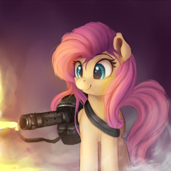 Size: 1000x1000 | Tagged: safe, artist:vanillaghosties, derpibooru import, fluttershy, pegasus, pony, atg 2017, cute, face of mercy, female, fire, flamethrower, folded wings, grimcute, looking at something, mare, newbie artist training grounds, reaction image, shyabetes, smiling, smoke, solo, some mares just want to watch the world burn, standing, weapon