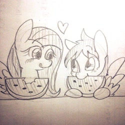 Size: 640x640 | Tagged: safe, artist:kyubi, derpibooru import, fluttershy, rainbow dash, pegasus, pony, black and white, blushing, duo, eye contact, female, floating heart, food, grayscale, heart, looking at each other, mare, monochrome, pencil drawing, spread wings, traditional art, watermelon, wings